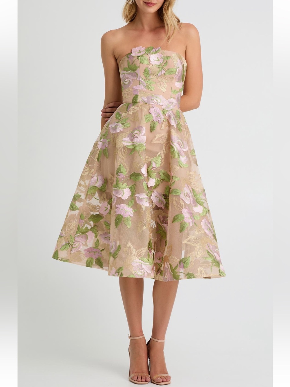 HELSI Noemi Lilac Sage Floral Embroidered Strapless Cocktail Dress - Size L